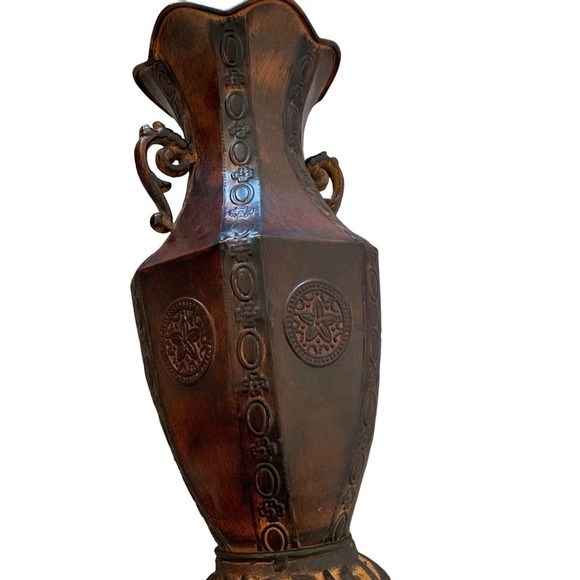 METAL Vase Autumn Brown and Rust colored Flower Holder 13" tall, 7" wide - Picture 2 of 7